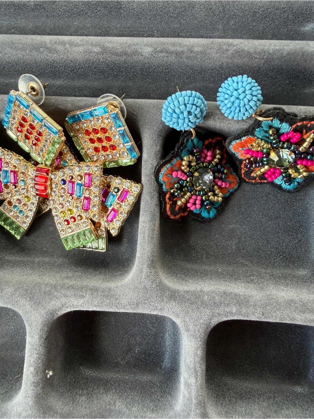 Beaded Blue Bow and Floral Drop Earrings - Designer Style